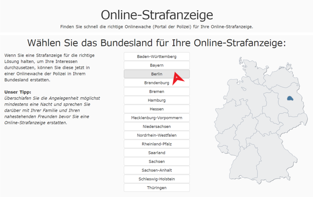 Screen ze strony https://online-strafanzeige.de/.